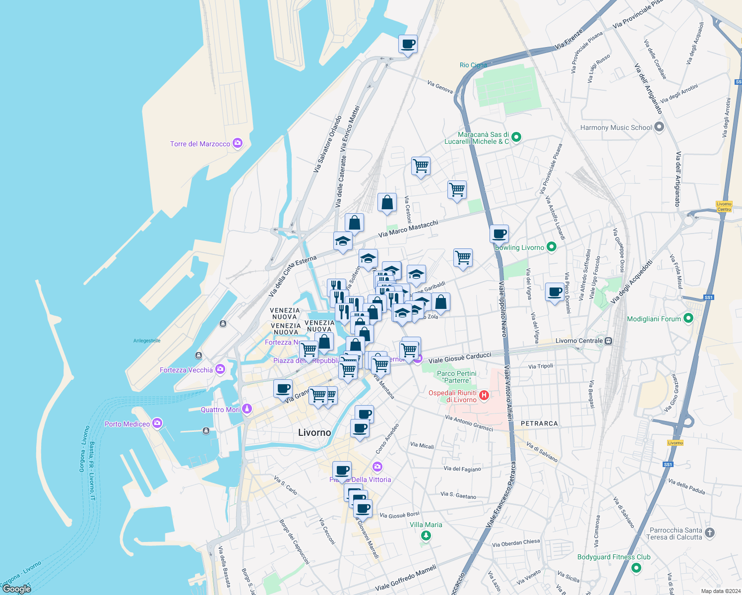 map of restaurants, bars, coffee shops, grocery stores, and more near 29 Via della Cappellina in Livorno