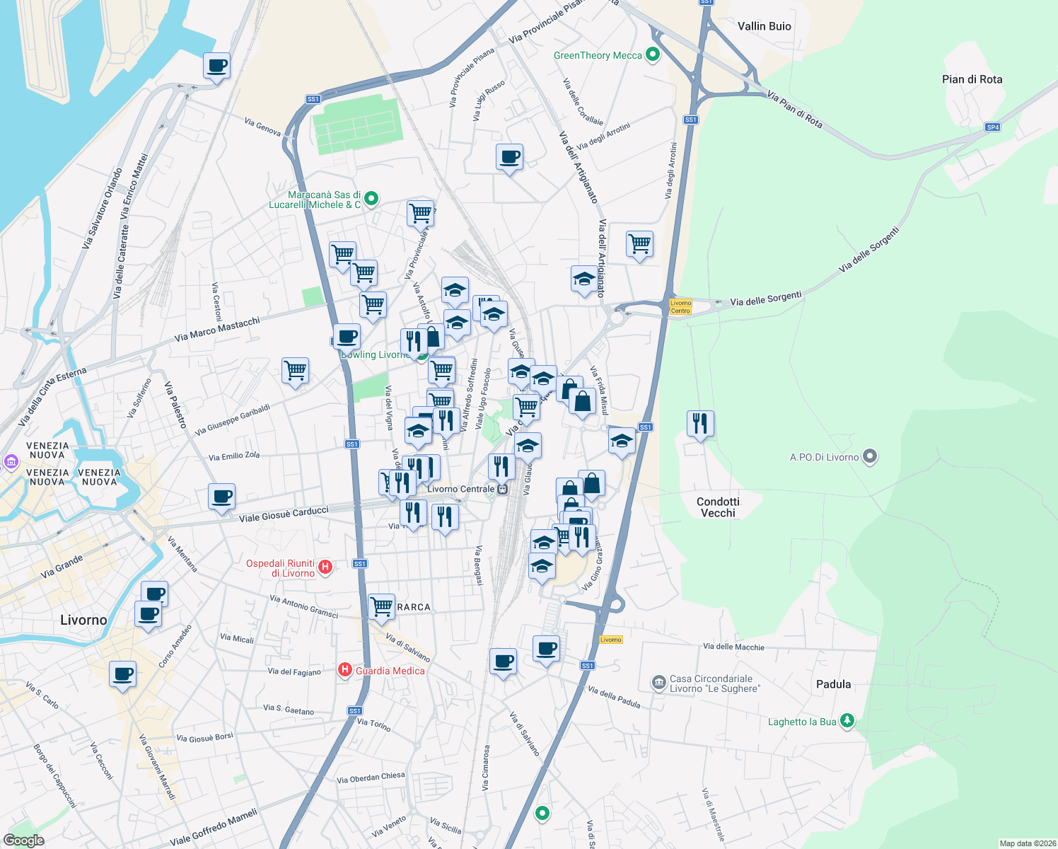 map of restaurants, bars, coffee shops, grocery stores, and more near 3 Via Glauco Masi in Provincia di Livorno