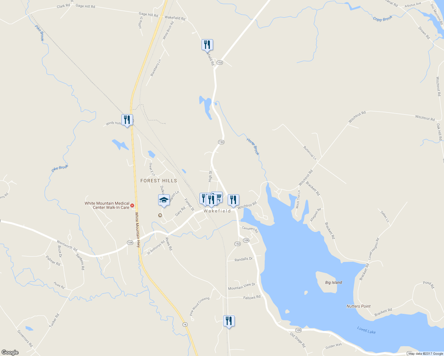 map of restaurants, bars, coffee shops, grocery stores, and more near 2194 Wakefield Road in Wakefield