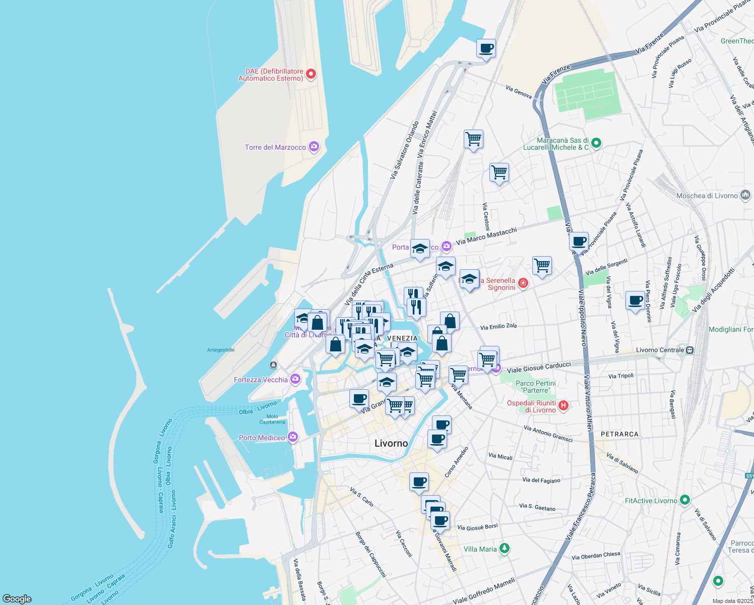 map of restaurants, bars, coffee shops, grocery stores, and more near 7 Via Castelli in Livorno
