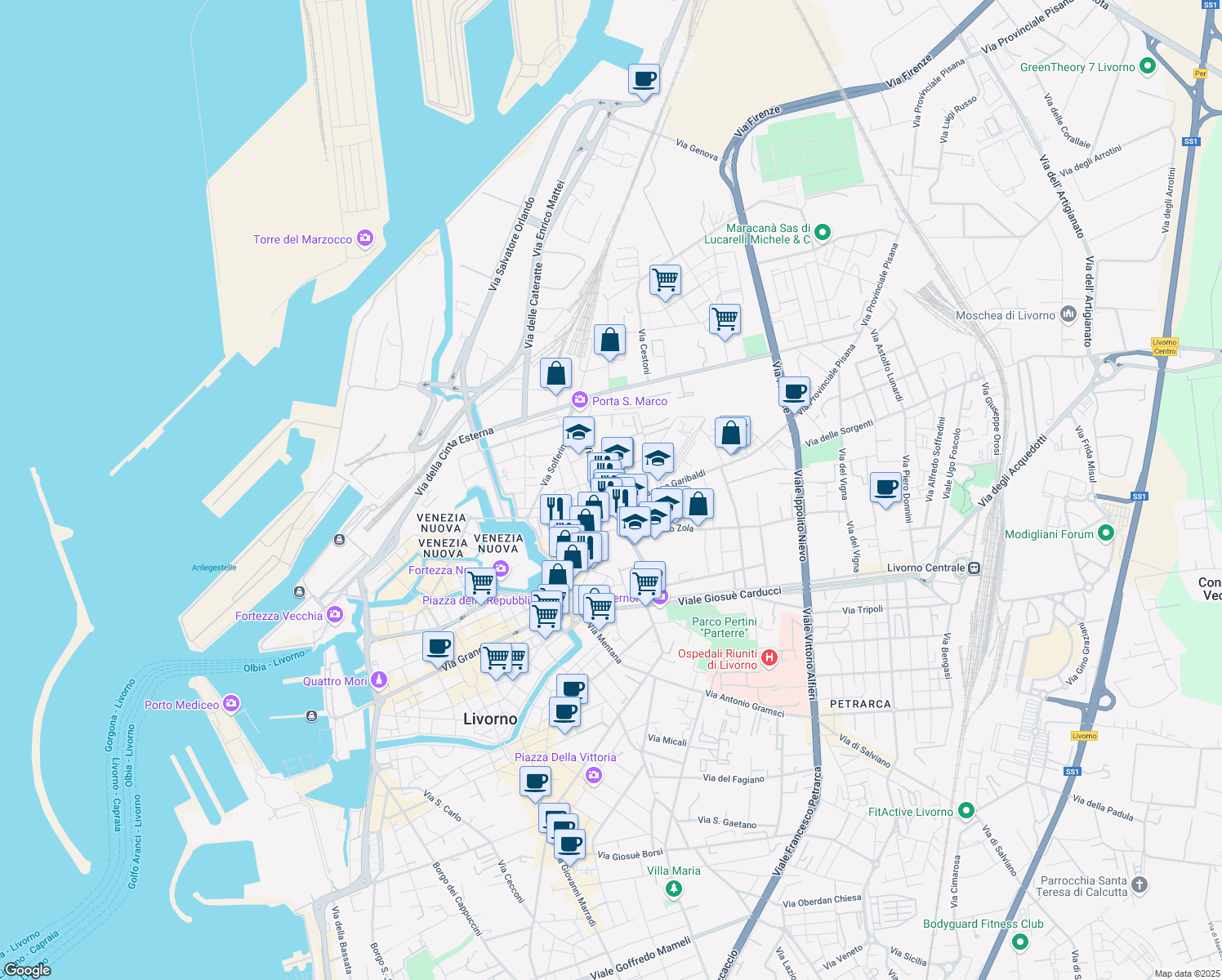 map of restaurants, bars, coffee shops, grocery stores, and more near 26 Via Palestro in Livorno