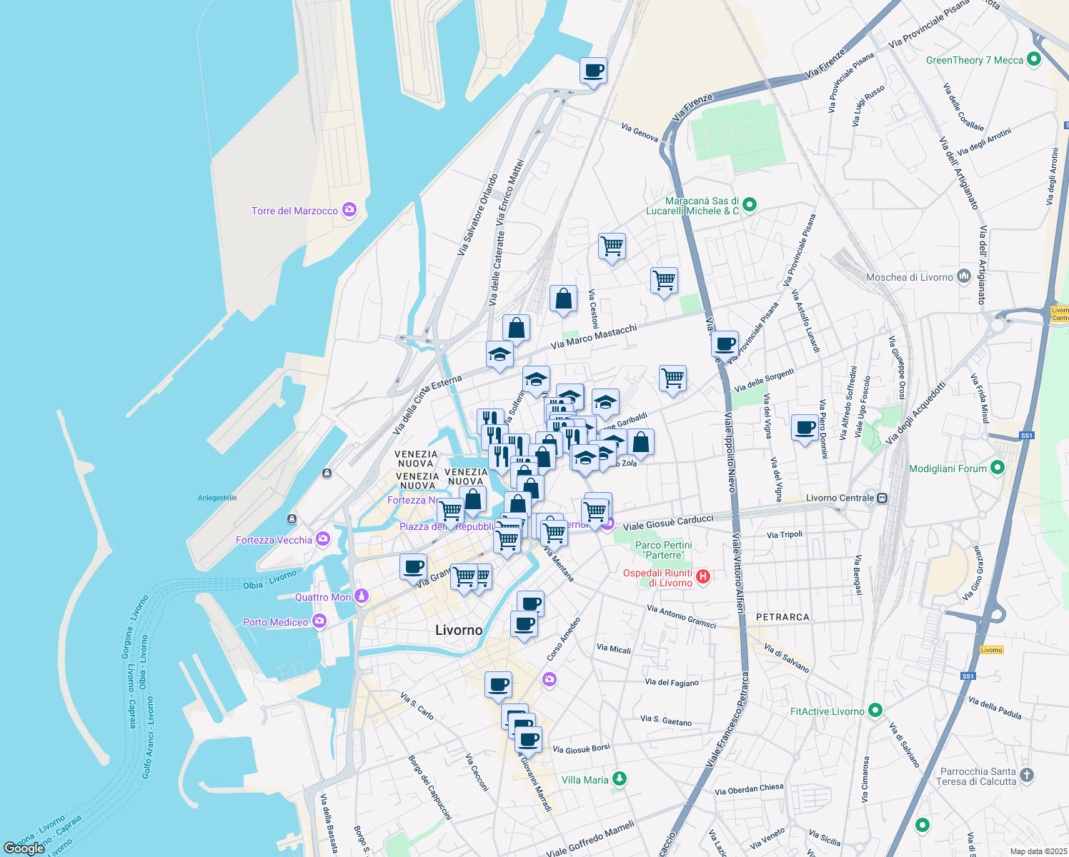 map of restaurants, bars, coffee shops, grocery stores, and more near 27 Via Adriana in Livorno