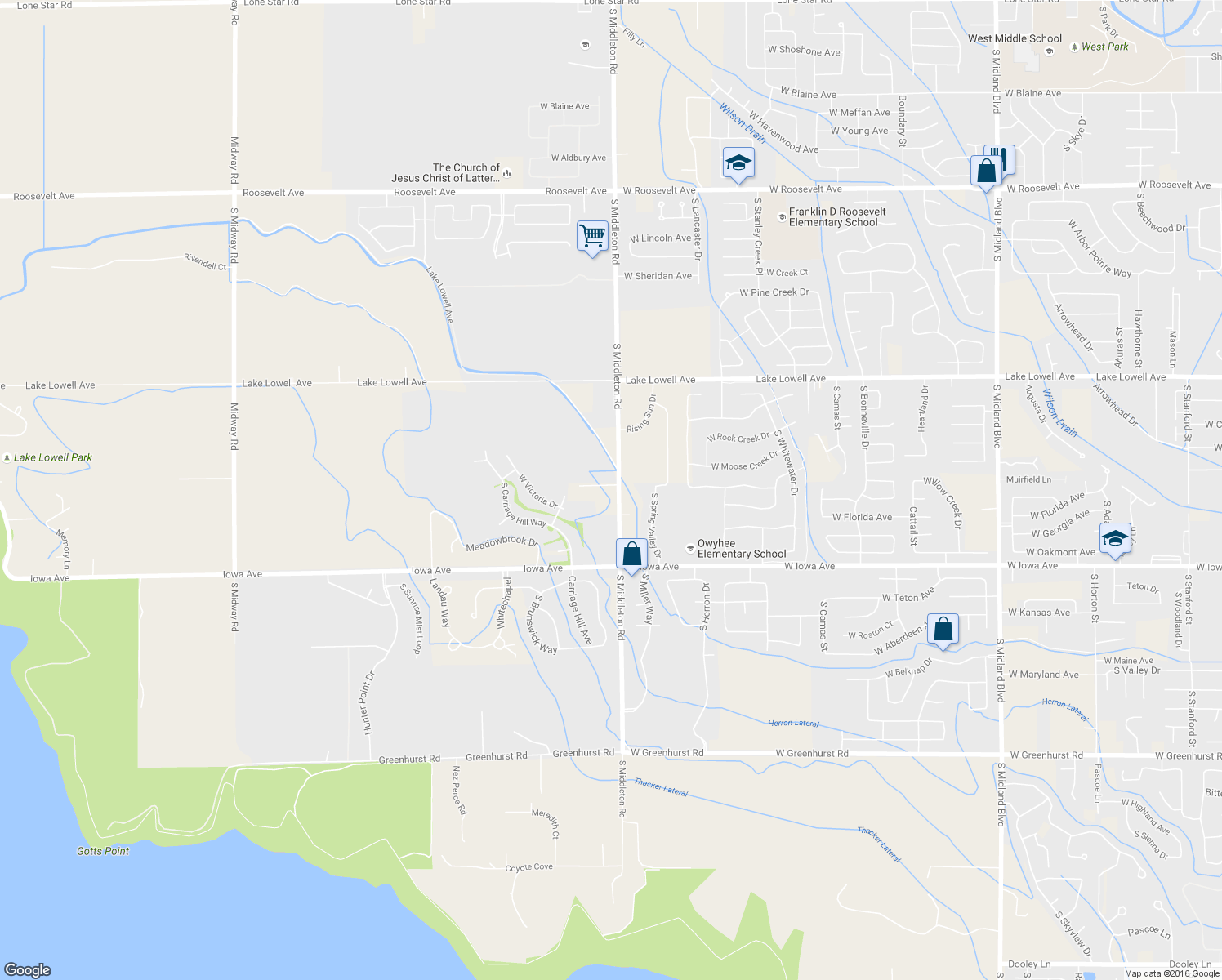 map of restaurants, bars, coffee shops, grocery stores, and more near 1131 South Middleton Road in Nampa