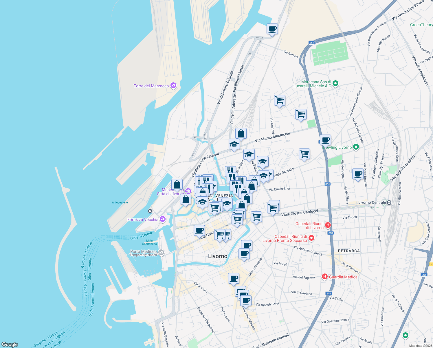 map of restaurants, bars, coffee shops, grocery stores, and more near 19 Via degli Scali della Dogana D'Acqua in Livorno