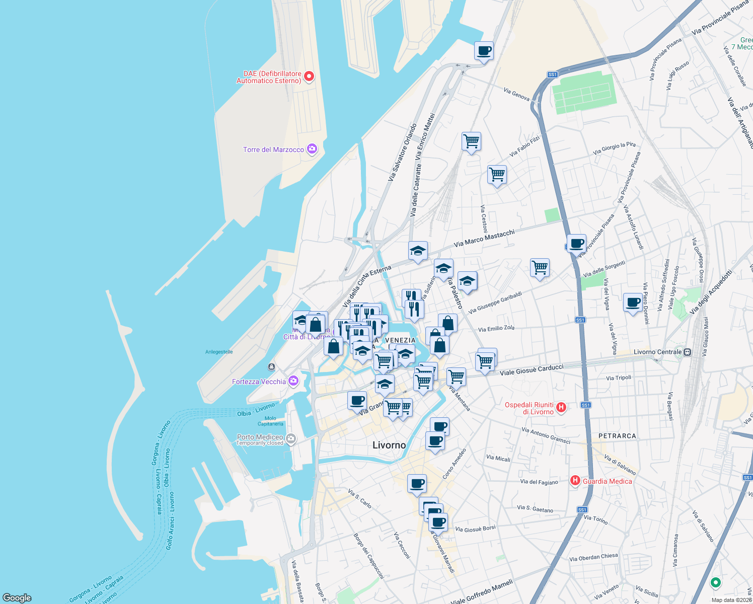 map of restaurants, bars, coffee shops, grocery stores, and more near 7 Via Castelli in Livorno