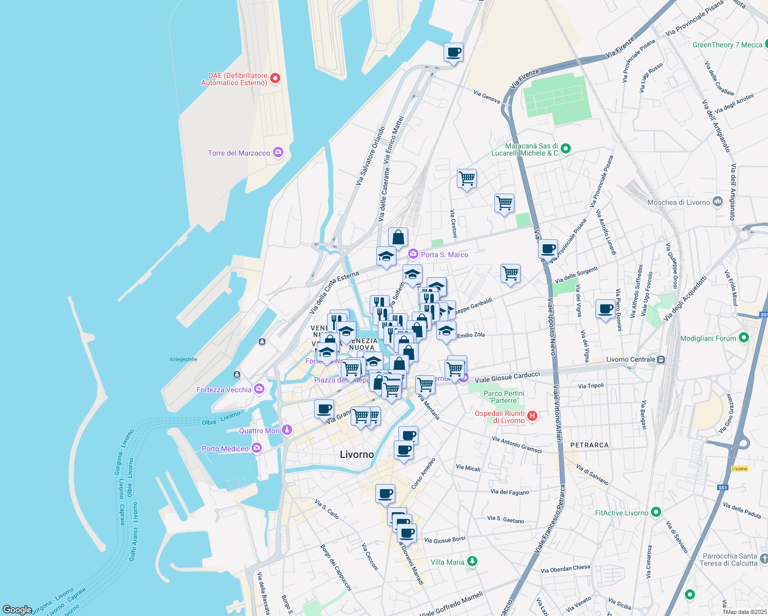 map of restaurants, bars, coffee shops, grocery stores, and more near 3 Via della Torretta in Livorno