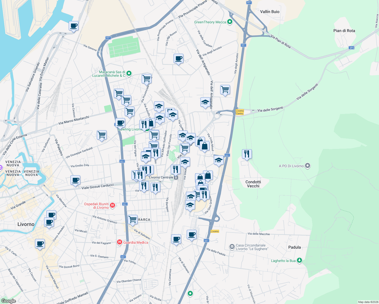 map of restaurants, bars, coffee shops, grocery stores, and more near 3 Via Glauco Masi in Livorno