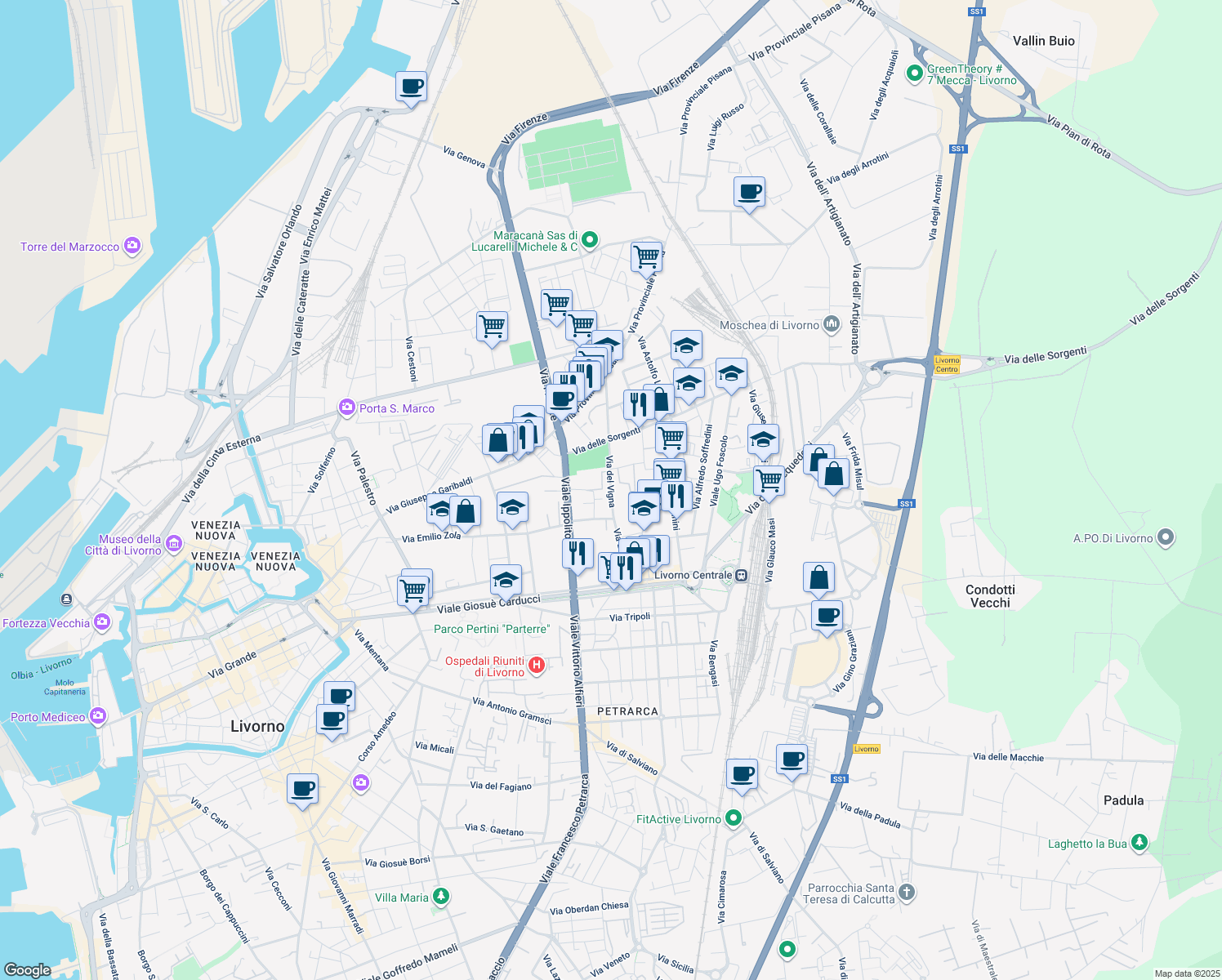map of restaurants, bars, coffee shops, grocery stores, and more near 113 Via del Vigna in Livorno