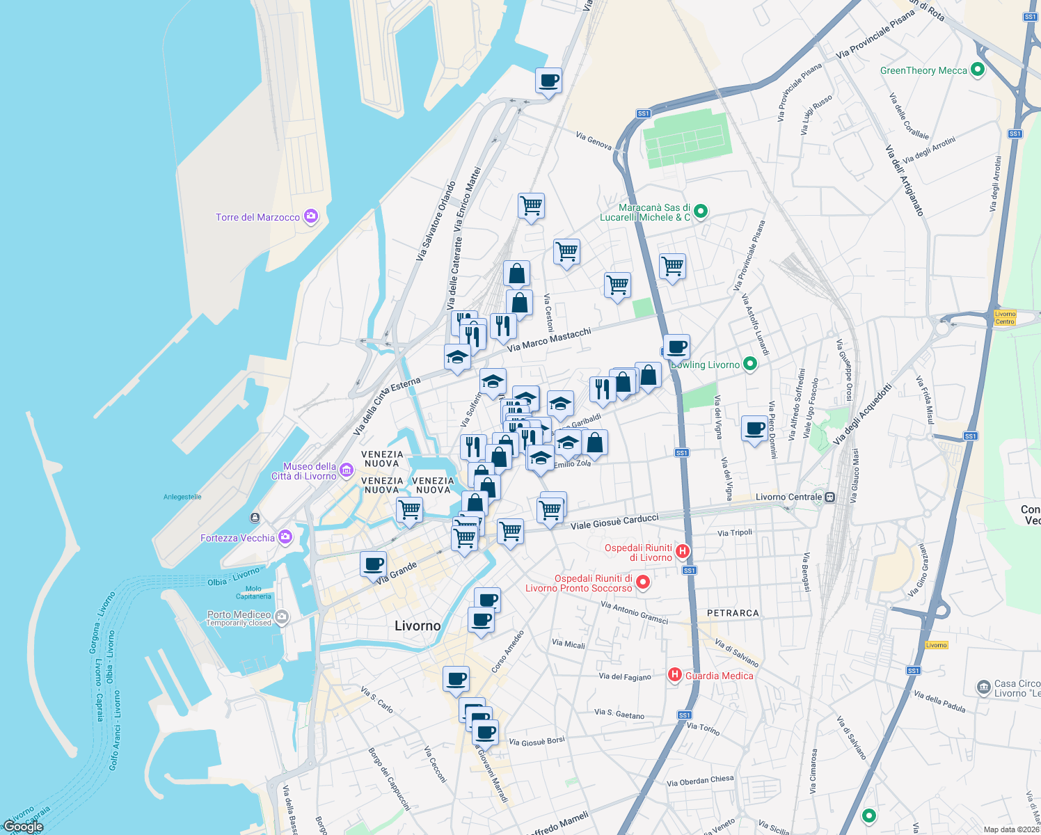 map of restaurants, bars, coffee shops, grocery stores, and more near 62 Via Palestro in Livorno