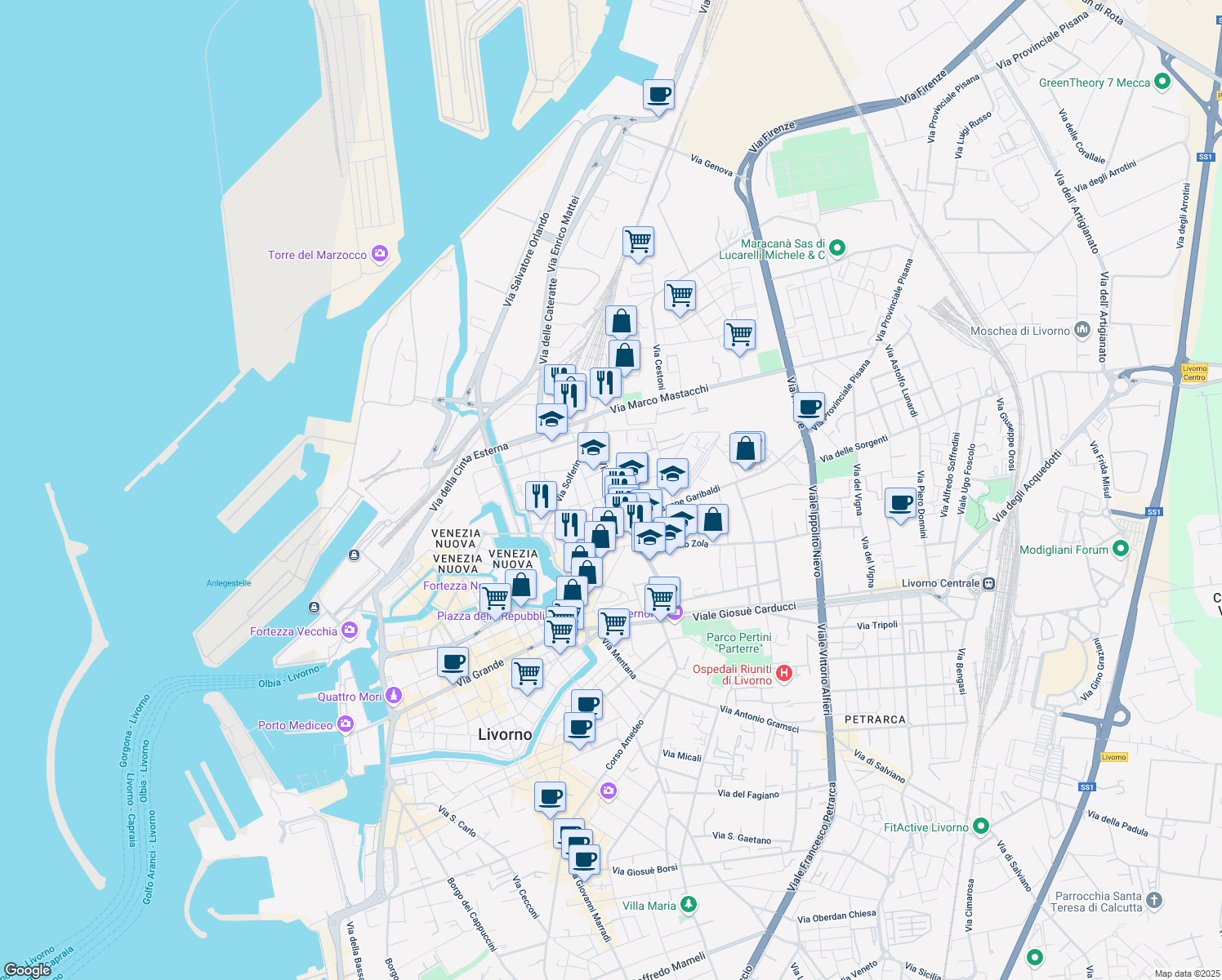 map of restaurants, bars, coffee shops, grocery stores, and more near 4 Via Santelli in Livorno