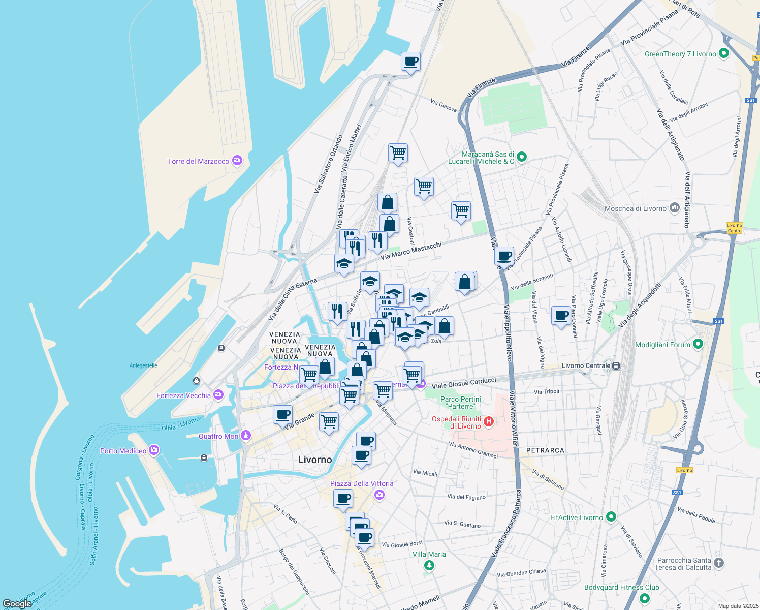 map of restaurants, bars, coffee shops, grocery stores, and more near 3-4 Via Santelli in Livorno
