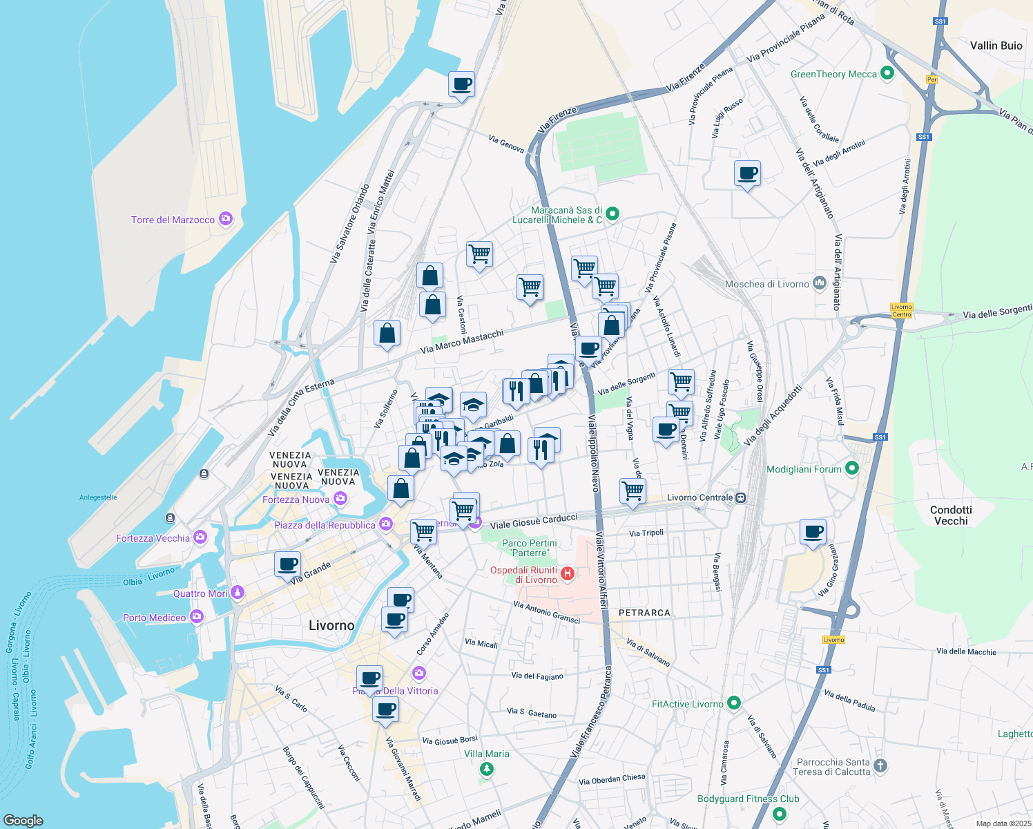 map of restaurants, bars, coffee shops, grocery stores, and more near 353 Via Giuseppe Garibaldi in Livorno