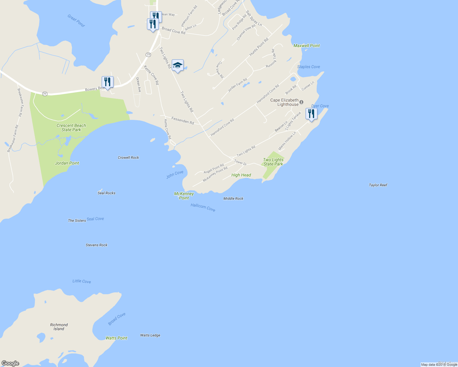map of restaurants, bars, coffee shops, grocery stores, and more near 10 Sunny Bank Road in Cape Elizabeth