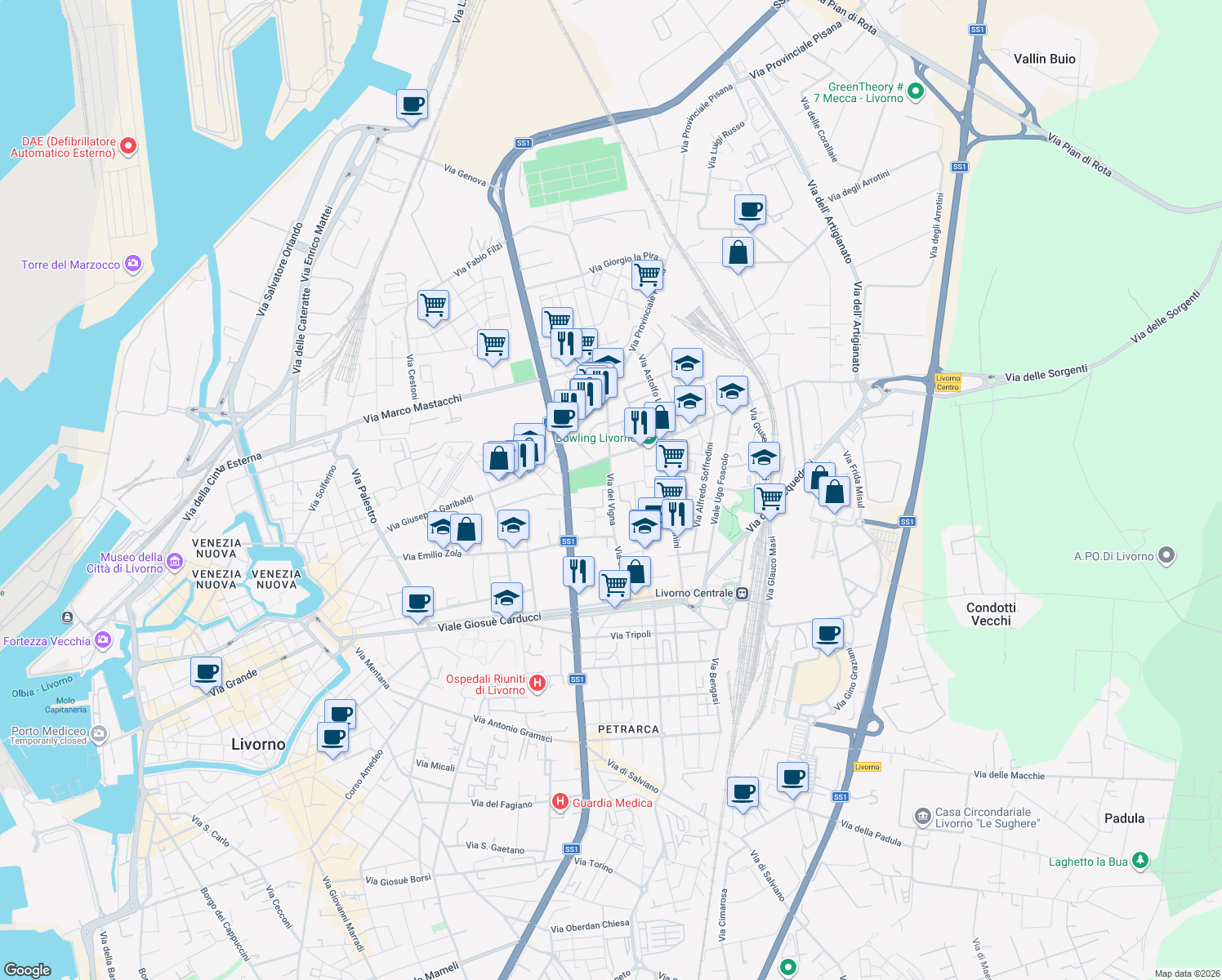 map of restaurants, bars, coffee shops, grocery stores, and more near 202 Via del Vigna in Livorno