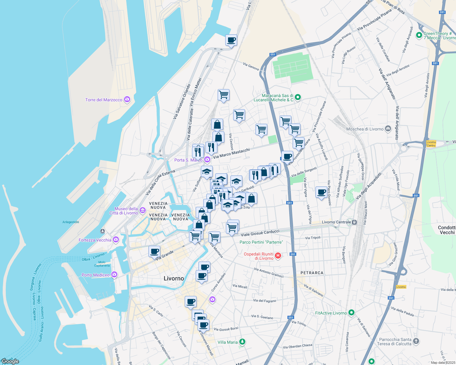 map of restaurants, bars, coffee shops, grocery stores, and more near 9 Via del Riposo in Livorno