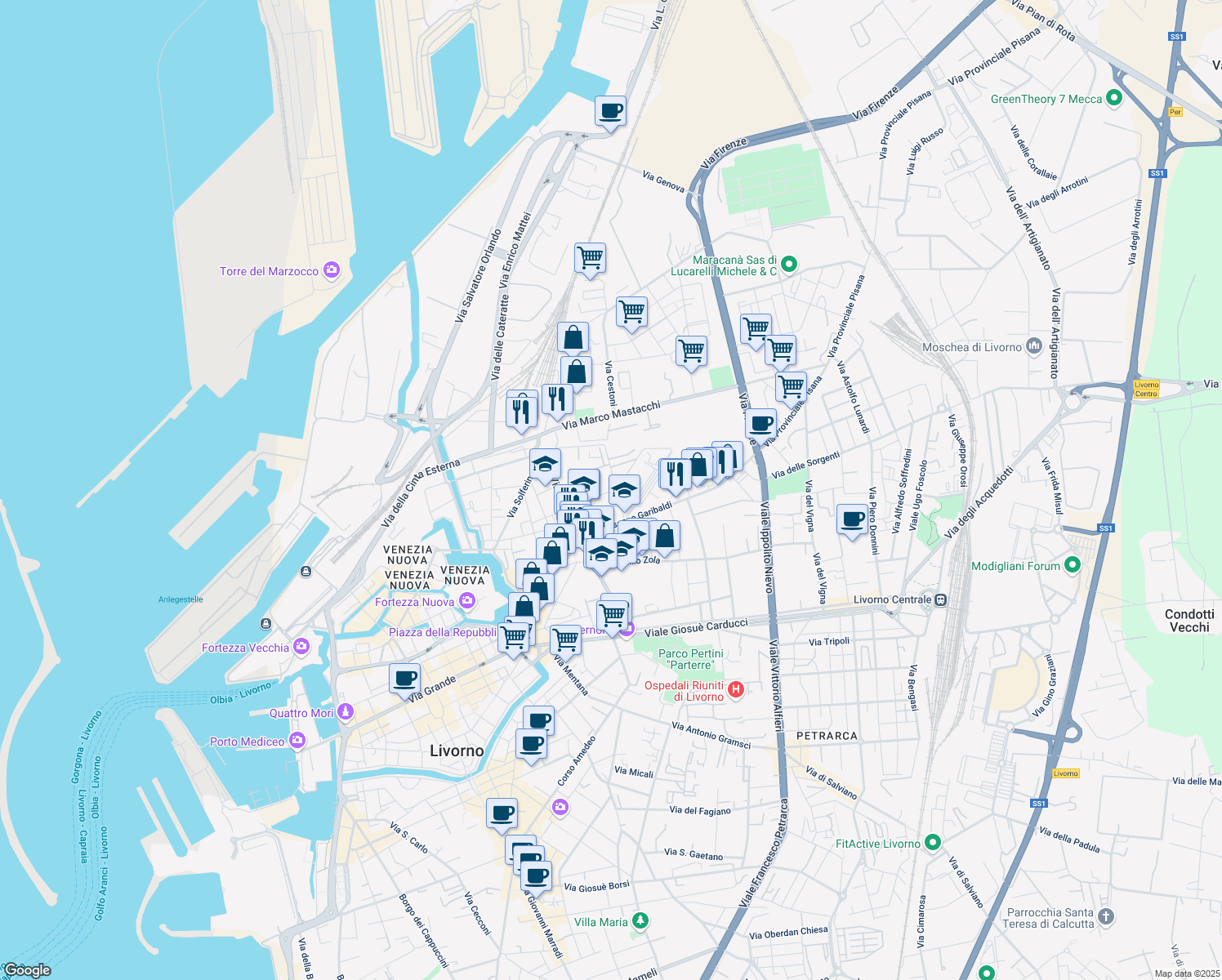 map of restaurants, bars, coffee shops, grocery stores, and more near 9 Via del Riposo in Livorno