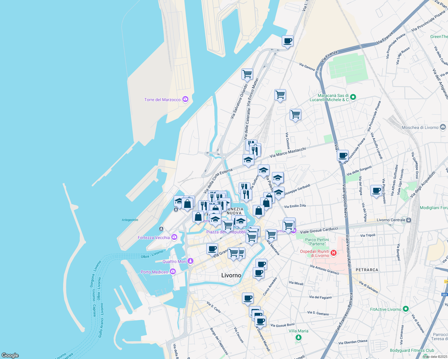 map of restaurants, bars, coffee shops, grocery stores, and more near 9 Scali Cerere in Livorno