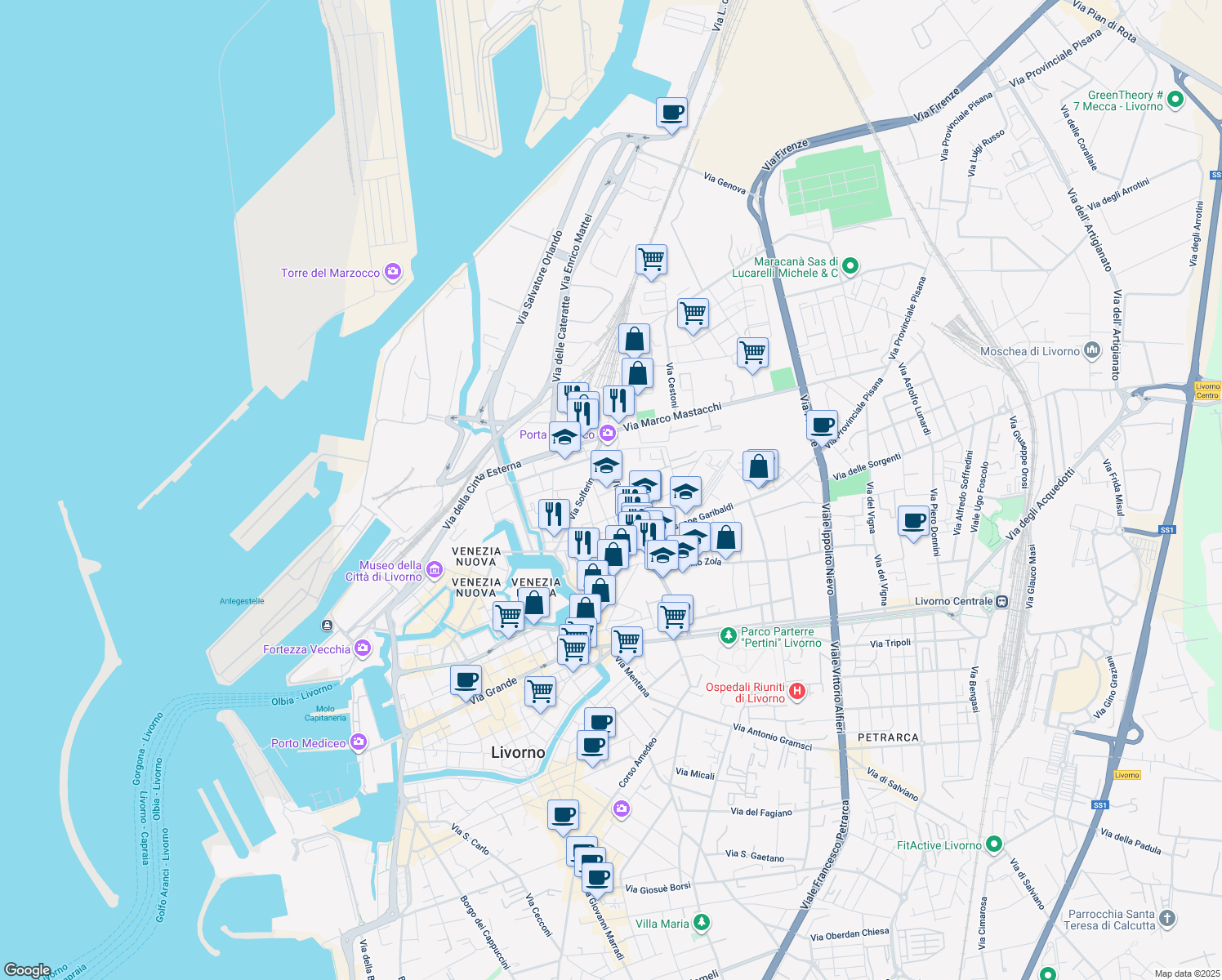 map of restaurants, bars, coffee shops, grocery stores, and more near 3-4 Via Santelli in Livorno