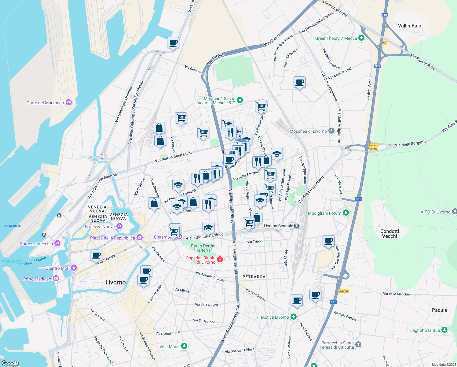 map of restaurants, bars, coffee shops, grocery stores, and more near 61 Viale Ippolito Nievo in Livorno