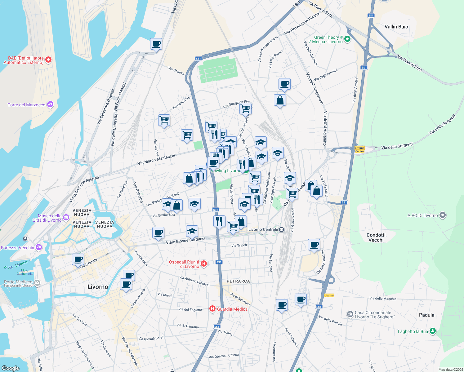 map of restaurants, bars, coffee shops, grocery stores, and more near 202 Via del Vigna in Livorno