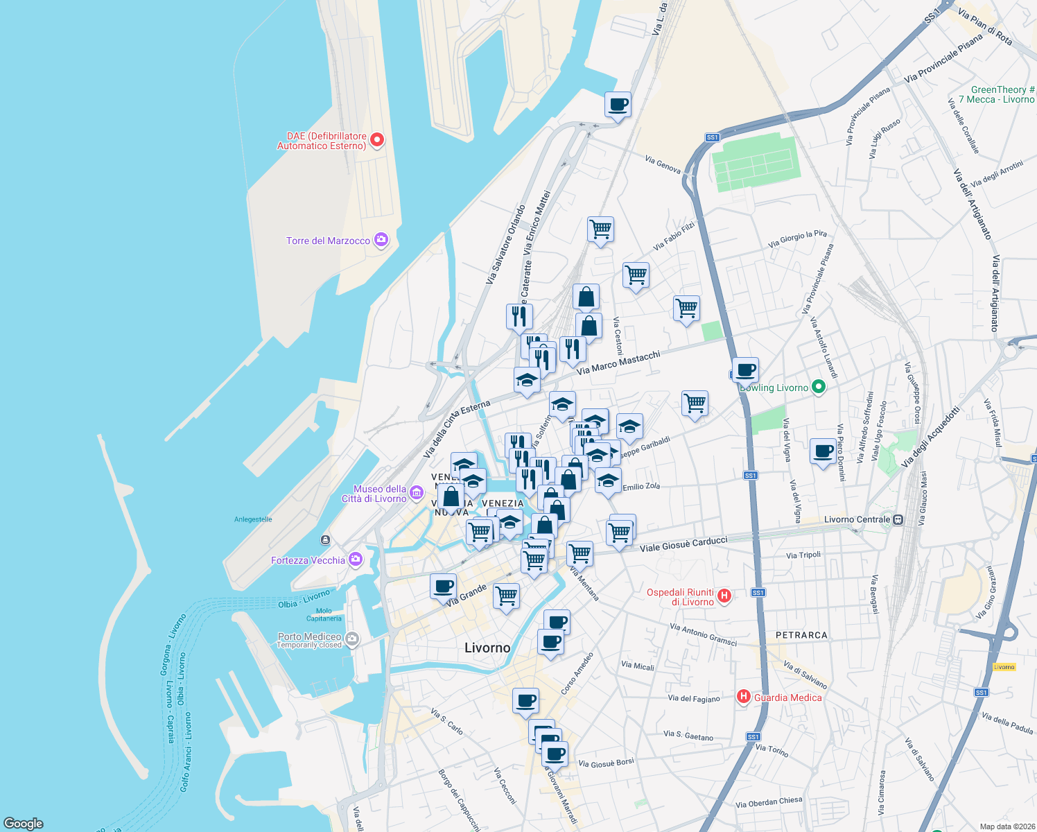 map of restaurants, bars, coffee shops, grocery stores, and more near 22 Via Eugenia in Livorno