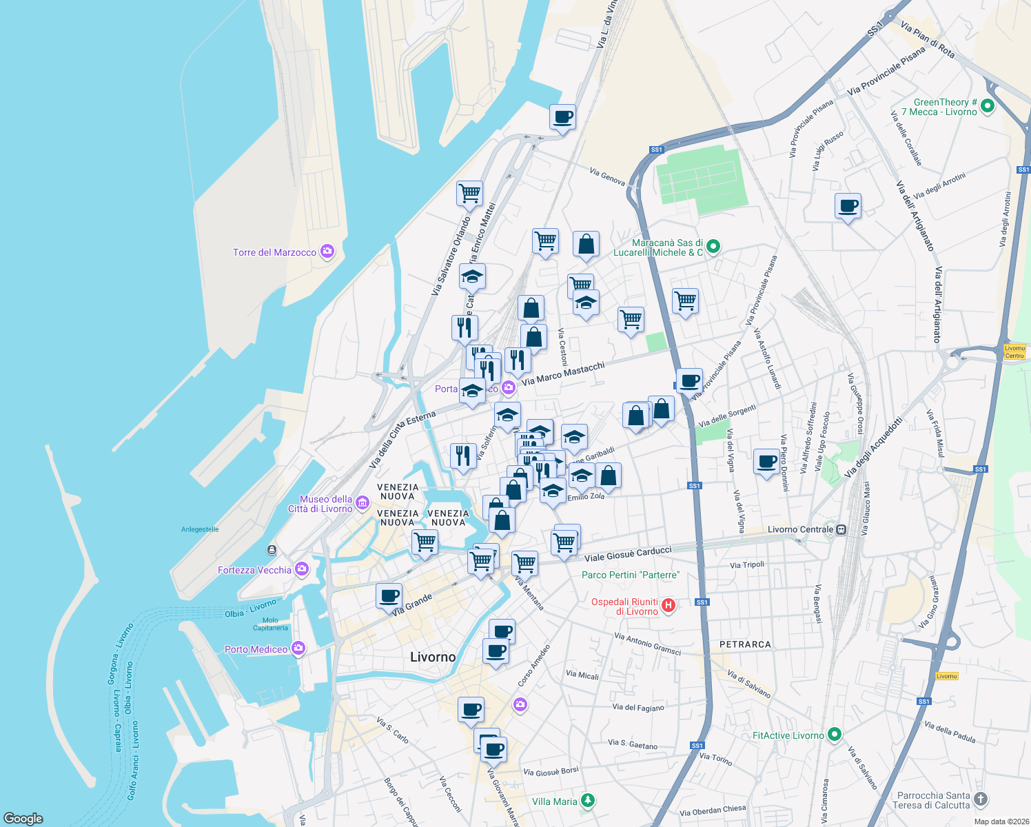 map of restaurants, bars, coffee shops, grocery stores, and more near 90 Via Palestro in Livorno
