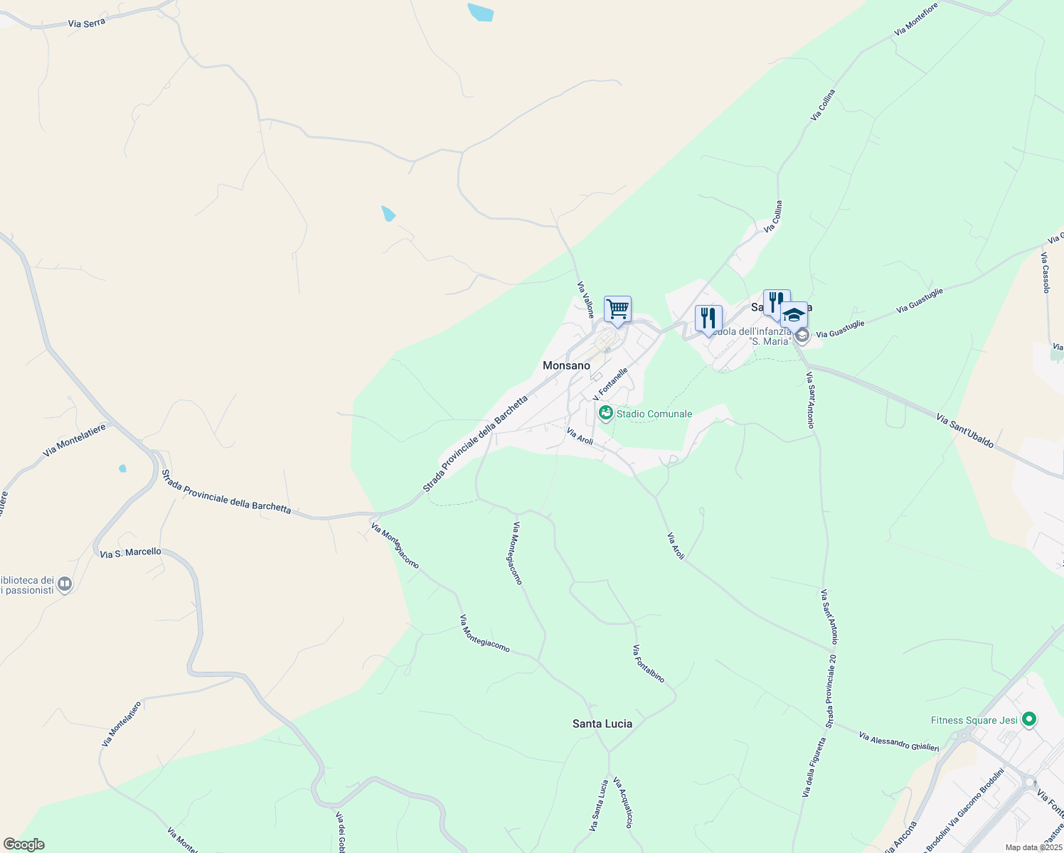 map of restaurants, bars, coffee shops, grocery stores, and more near 31 Via Aldo Moro in Monsano