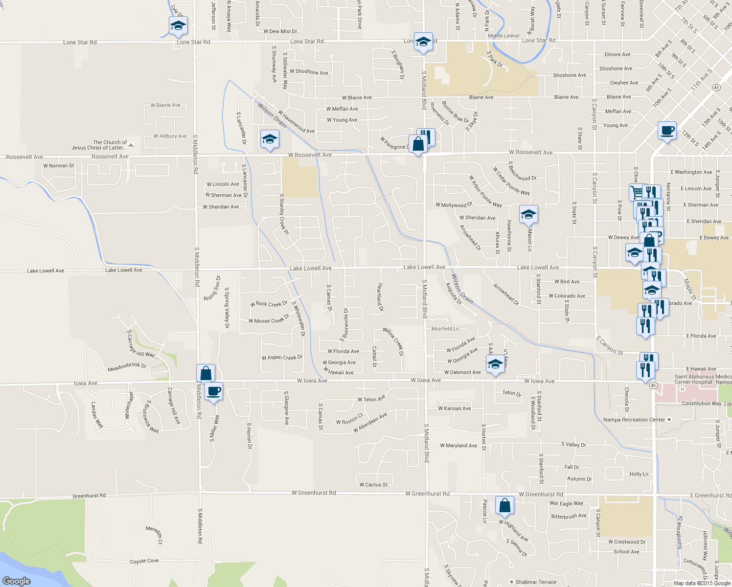 map of restaurants, bars, coffee shops, grocery stores, and more near 1500 W Colorado Ct in Nampa