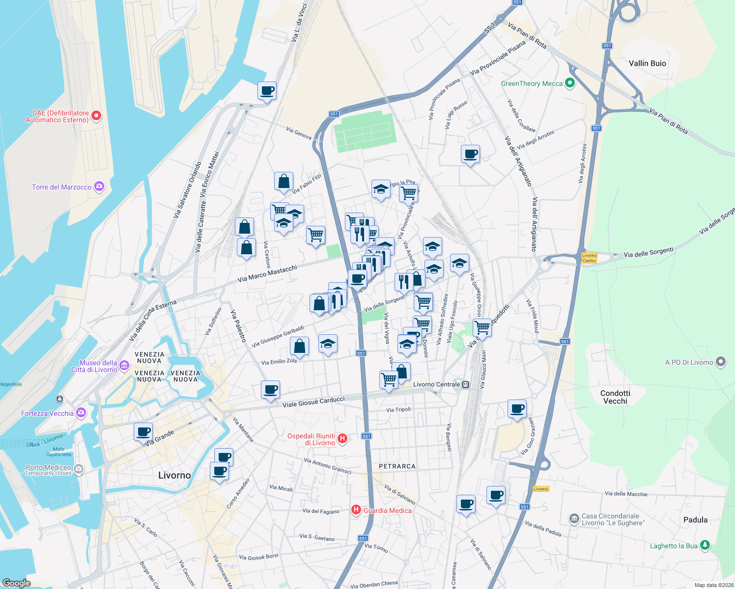 map of restaurants, bars, coffee shops, grocery stores, and more near 19 Via San Matteo in Livorno