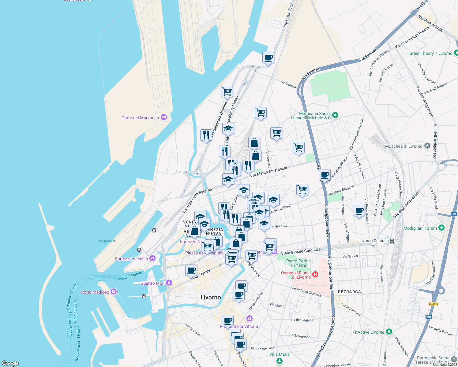 map of restaurants, bars, coffee shops, grocery stores, and more near 4 Via delle Cateratte in Livorno