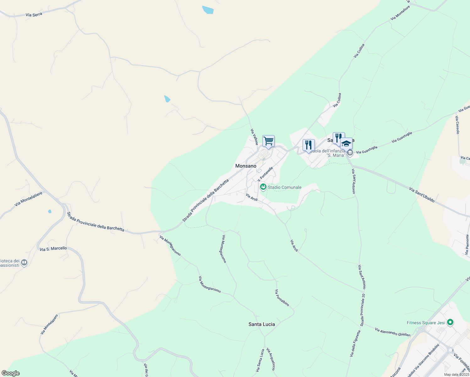 map of restaurants, bars, coffee shops, grocery stores, and more near 31 Via Aldo Moro in Monsano