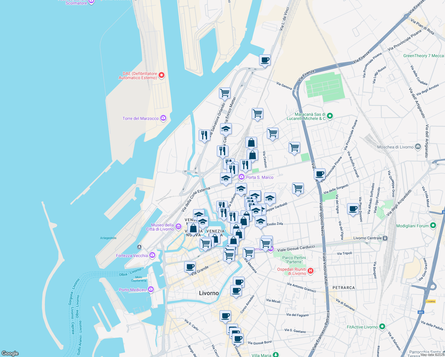 map of restaurants, bars, coffee shops, grocery stores, and more near 4 Via delle Cateratte in Livorno