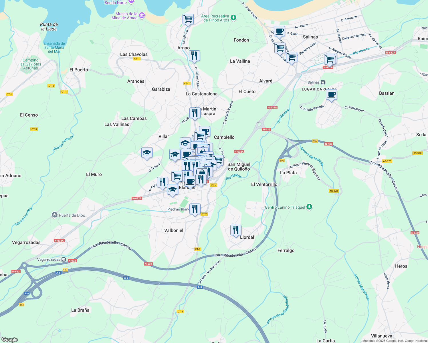 map of restaurants, bars, coffee shops, grocery stores, and more near 4 Calle Libertad in Piedras Blancas