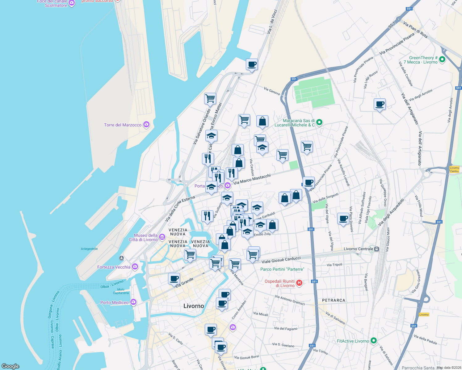 map of restaurants, bars, coffee shops, grocery stores, and more near 90 Via Palestro in Livorno