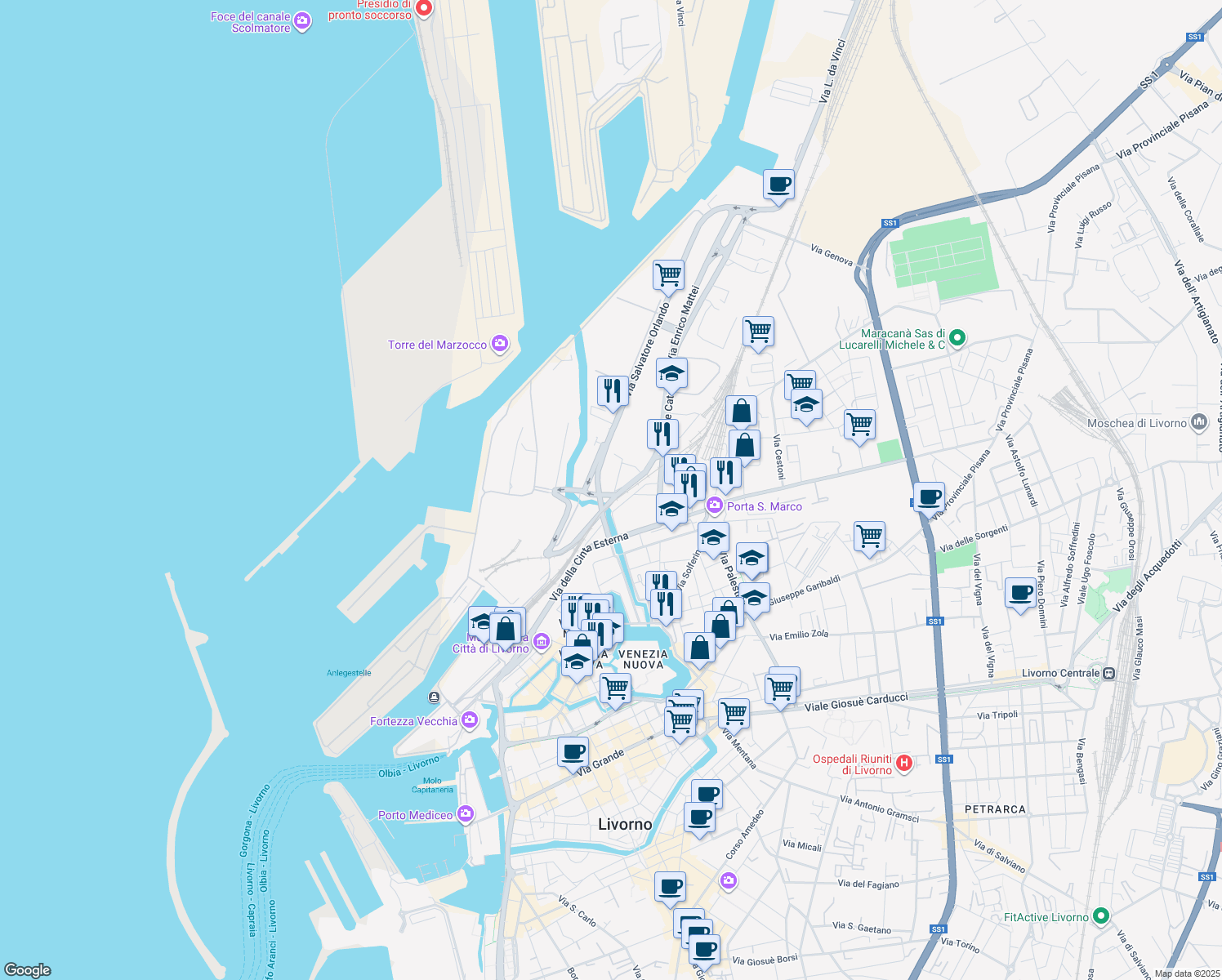 map of restaurants, bars, coffee shops, grocery stores, and more near 36 Via Luigi Negrelli in Livorno