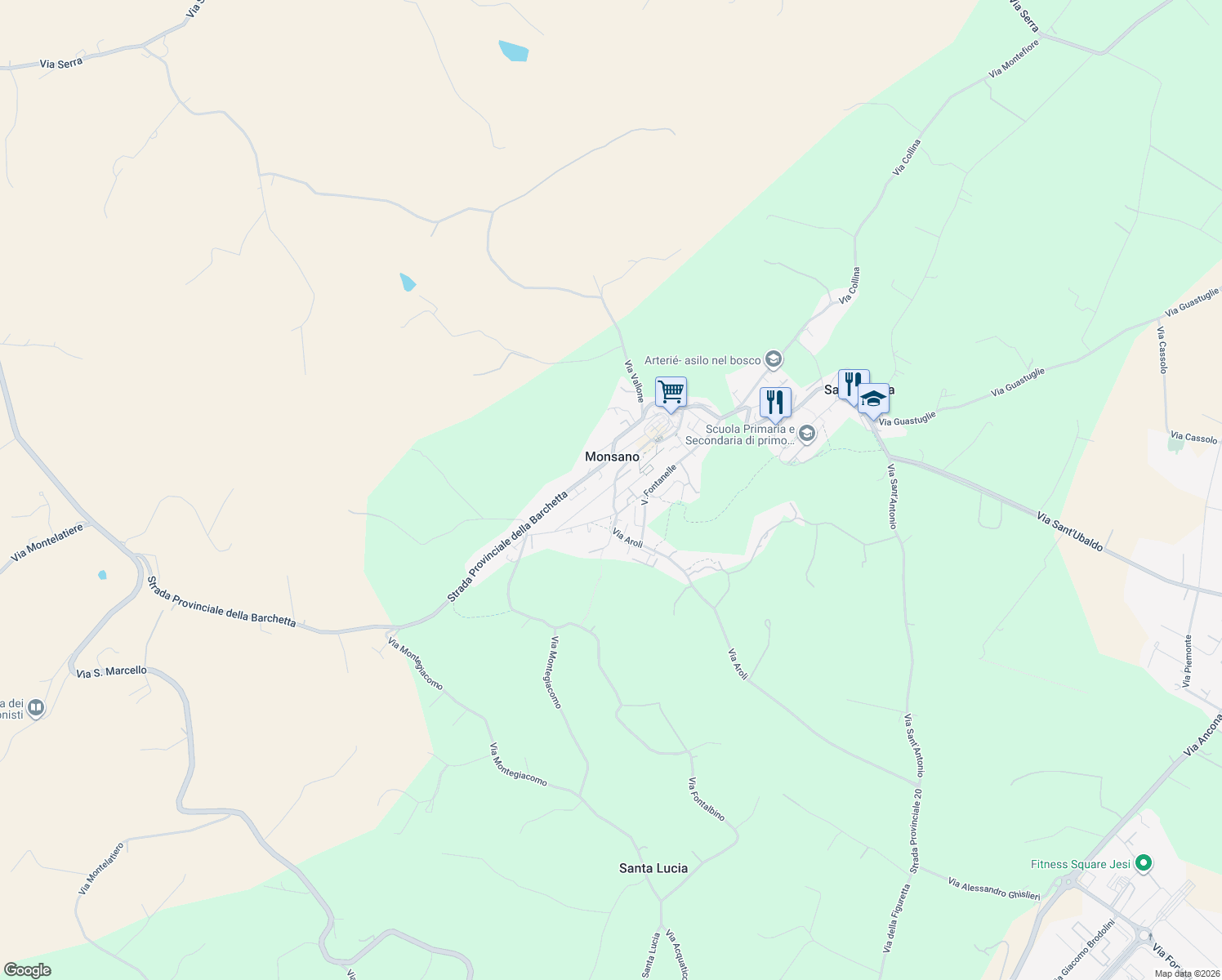 map of restaurants, bars, coffee shops, grocery stores, and more near 20 Via Giuseppe Garibaldi in Monsano