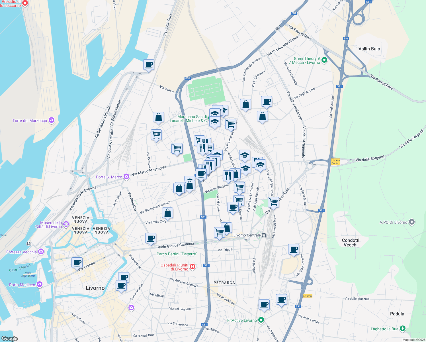 map of restaurants, bars, coffee shops, grocery stores, and more near 272 Via del Vigna in Livorno