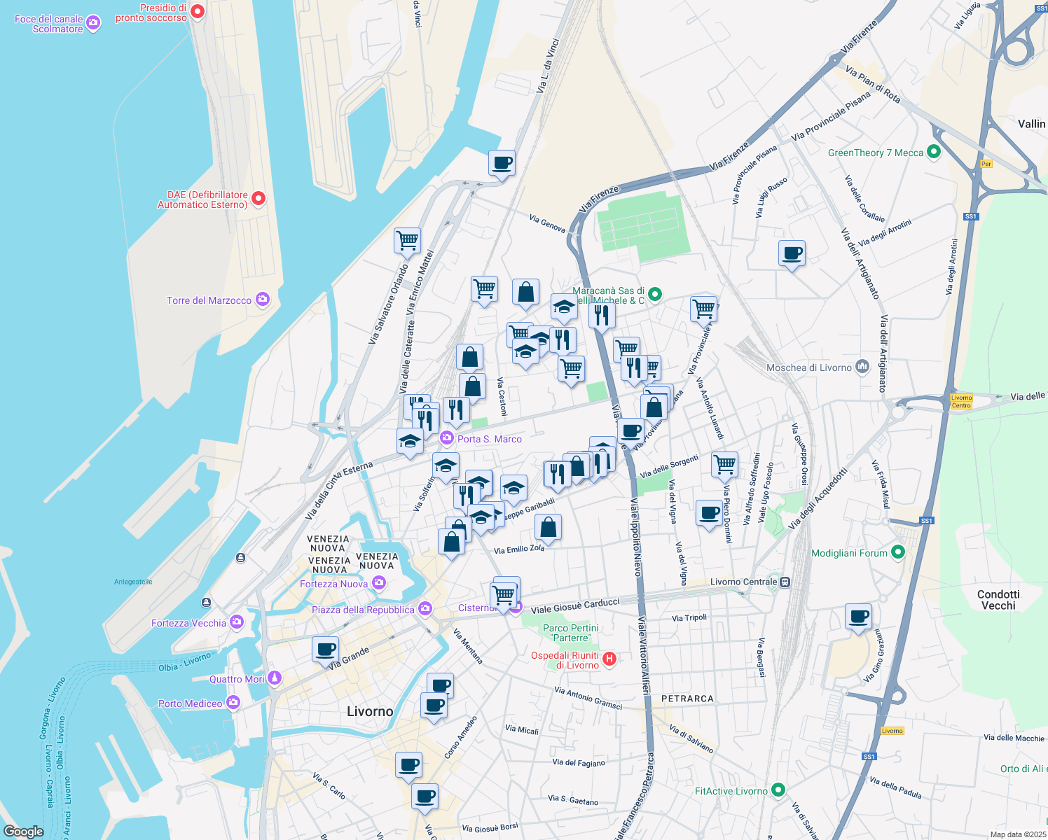 map of restaurants, bars, coffee shops, grocery stores, and more near 90 Via Marco Mastacchi in Livorno