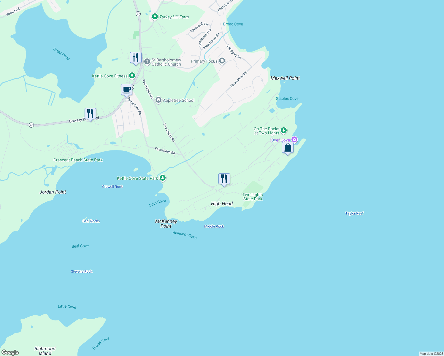 map of restaurants, bars, coffee shops, grocery stores, and more near 144 Two Lights Rd in Cape Elizabeth