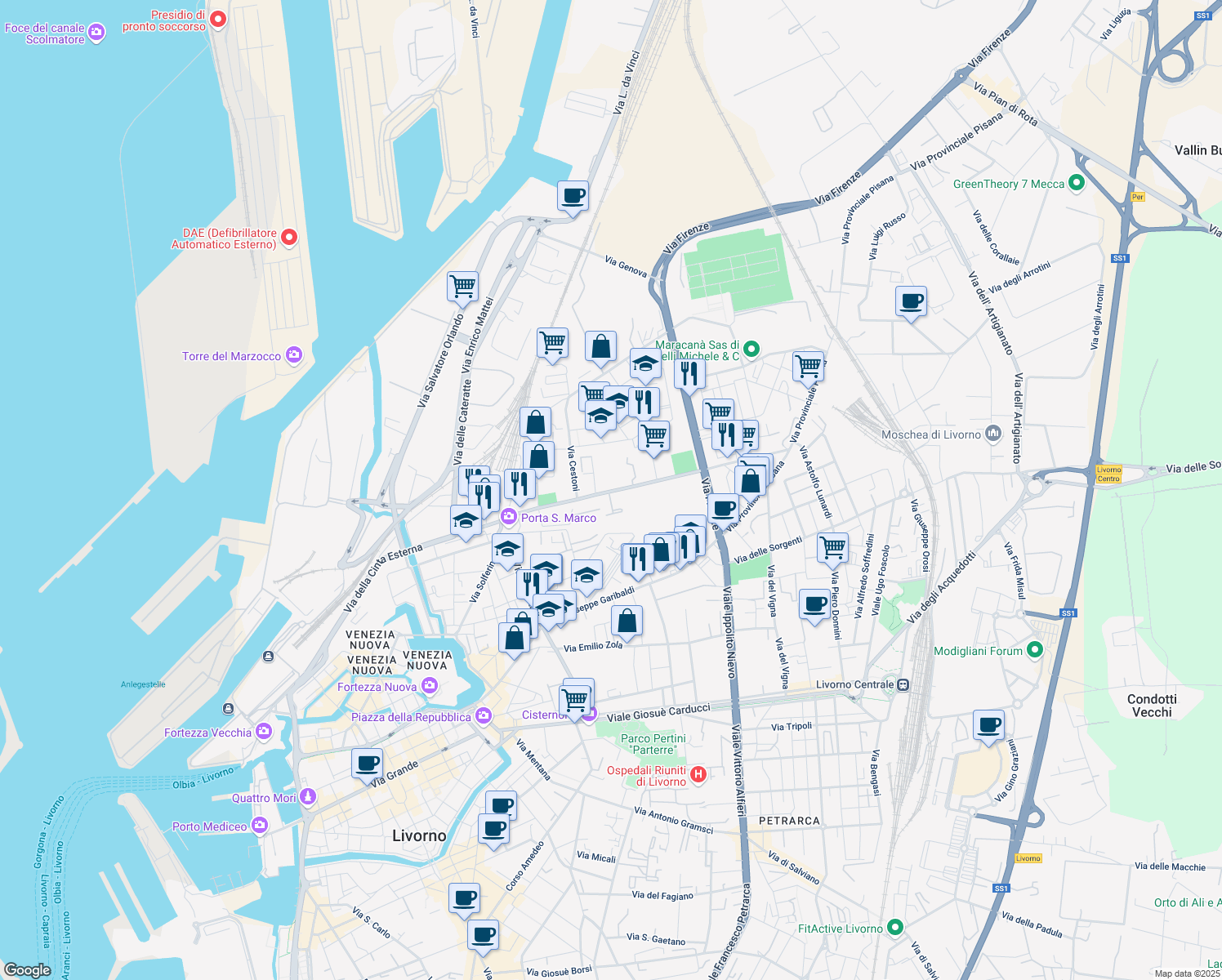 map of restaurants, bars, coffee shops, grocery stores, and more near 90 Via Marco Mastacchi in Livorno