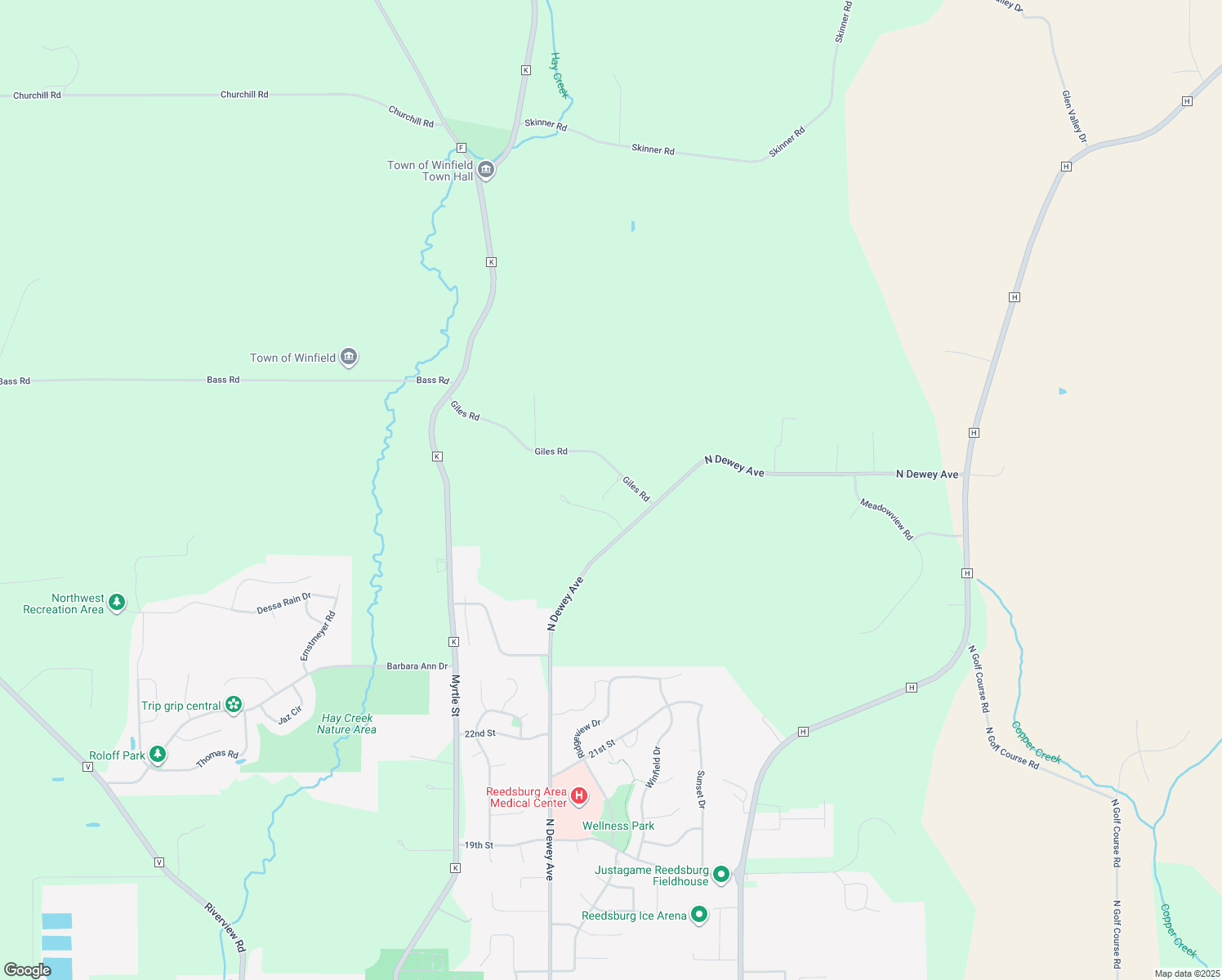 map of restaurants, bars, coffee shops, grocery stores, and more near E6585 Giles Road in Reedsburg