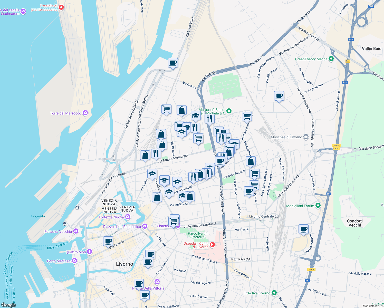 map of restaurants, bars, coffee shops, grocery stores, and more near 170 Via Marco Mastacchi in Livorno