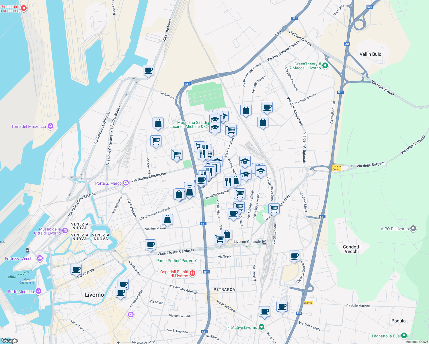 map of restaurants, bars, coffee shops, grocery stores, and more near 272 Via del Vigna in Livorno