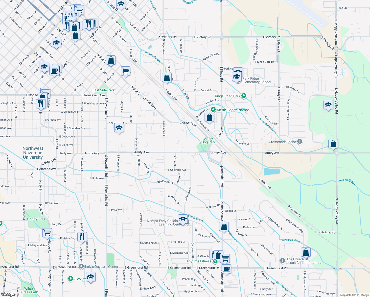 map of restaurants, bars, coffee shops, grocery stores, and more near 2520 E Amity Ave in Nampa