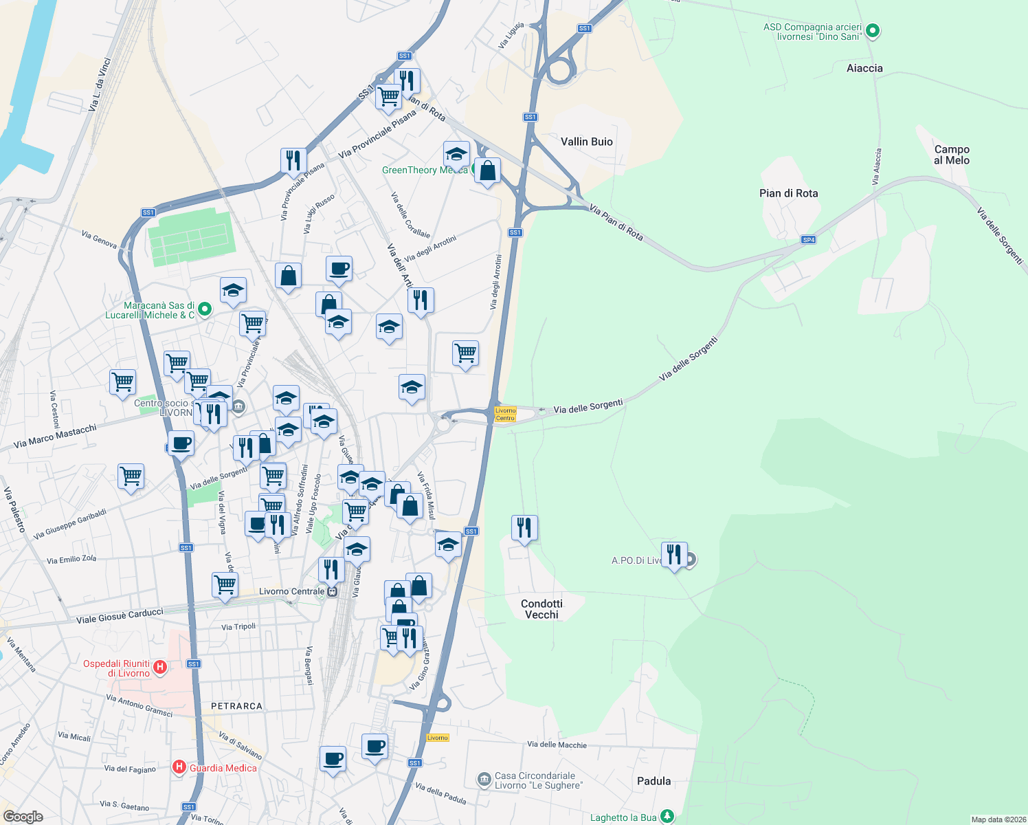 map of restaurants, bars, coffee shops, grocery stores, and more near 402 Via delle Sorgenti in Livorno