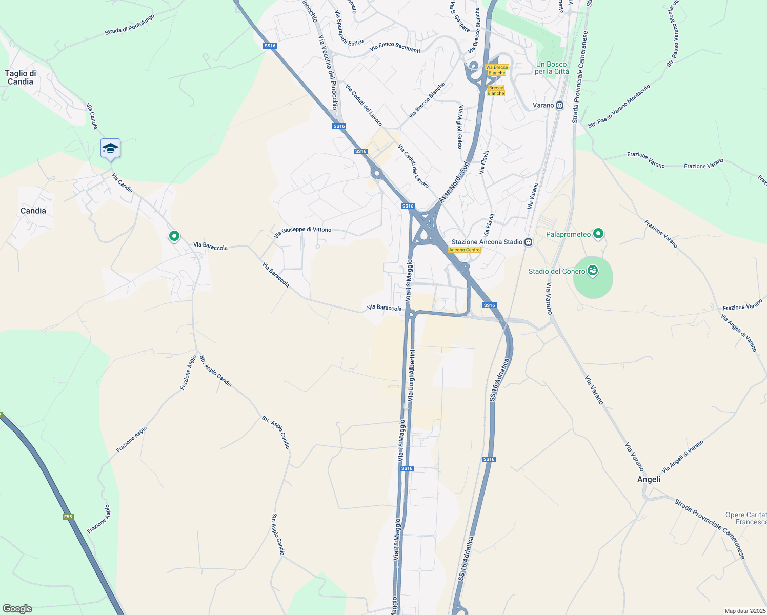 map of restaurants, bars, coffee shops, grocery stores, and more near 26 Via 1º Maggio in Ancona