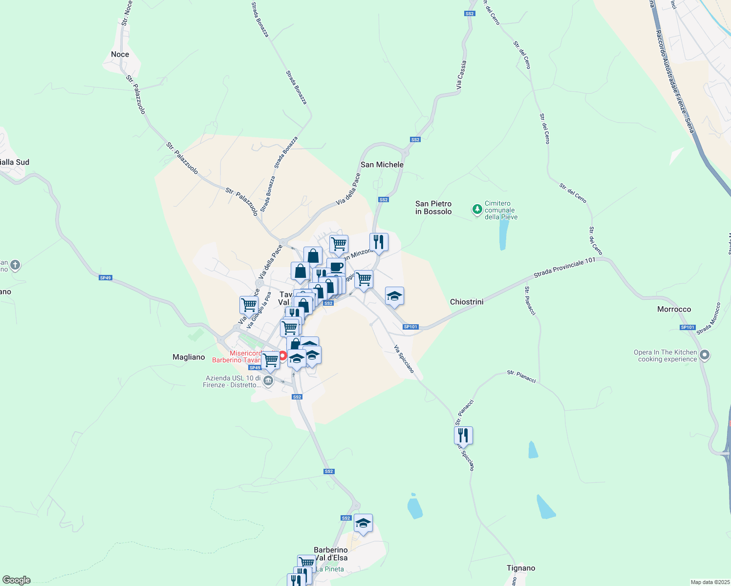 map of restaurants, bars, coffee shops, grocery stores, and more near 13 Via Firenze in Tavarnelle