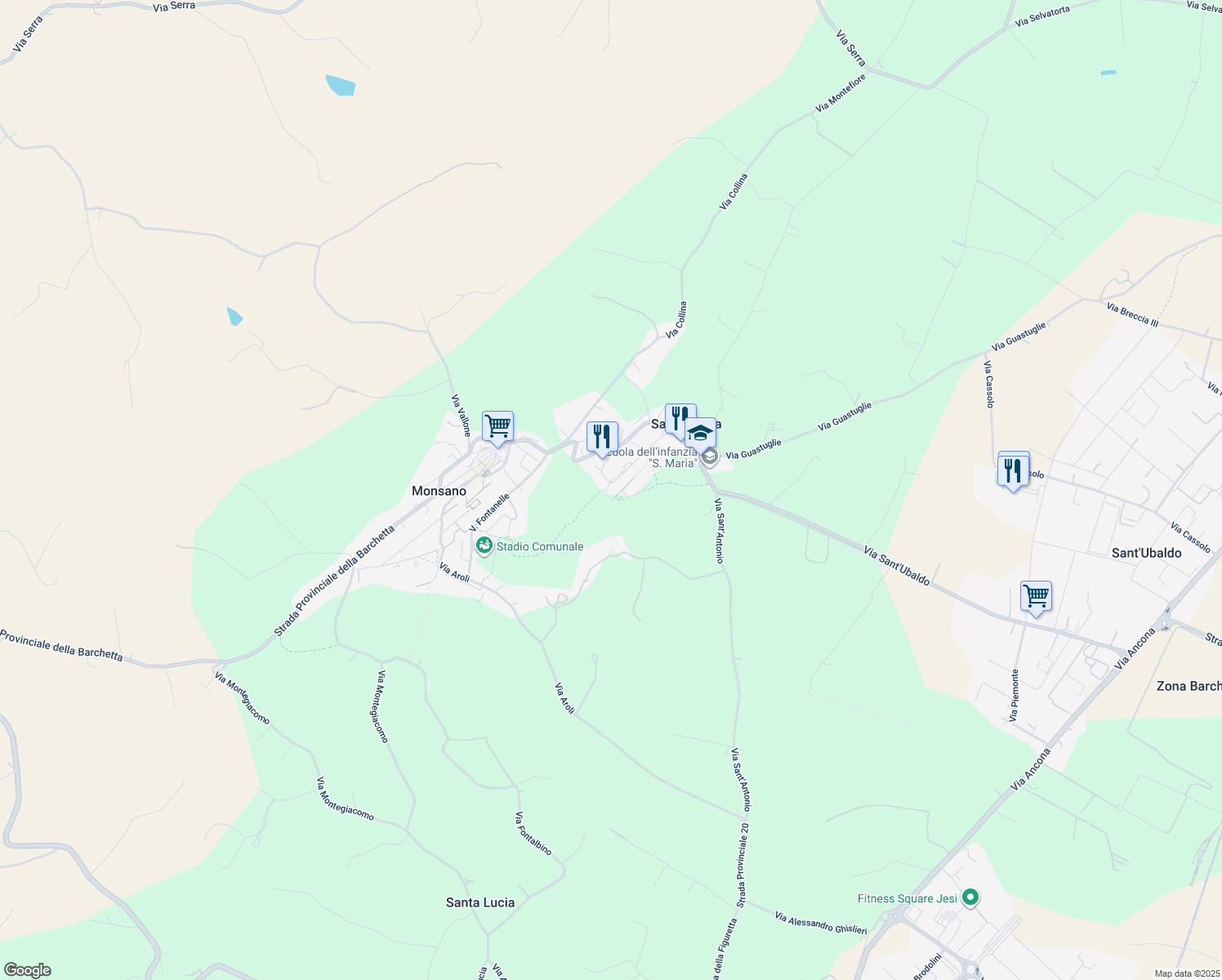 map of restaurants, bars, coffee shops, grocery stores, and more near 18 Via G. Falcone in Monsano