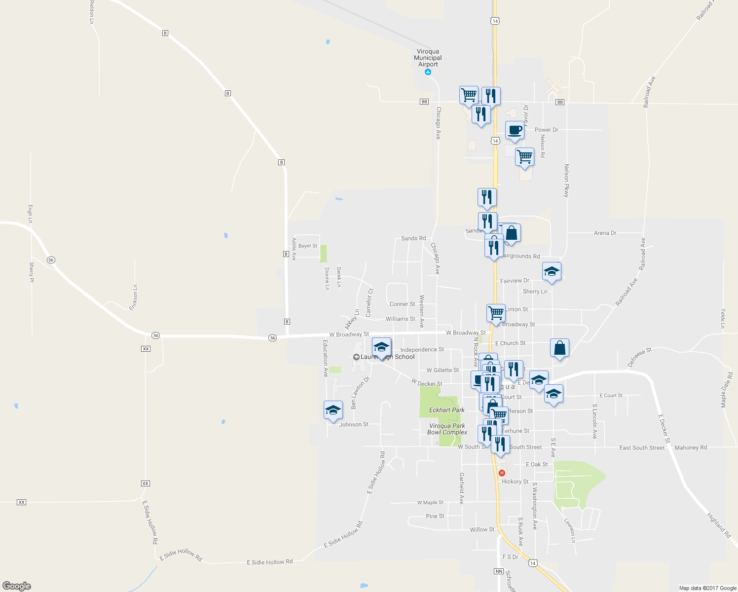 map of restaurants, bars, coffee shops, grocery stores, and more near 715 Camelot Court in Viroqua