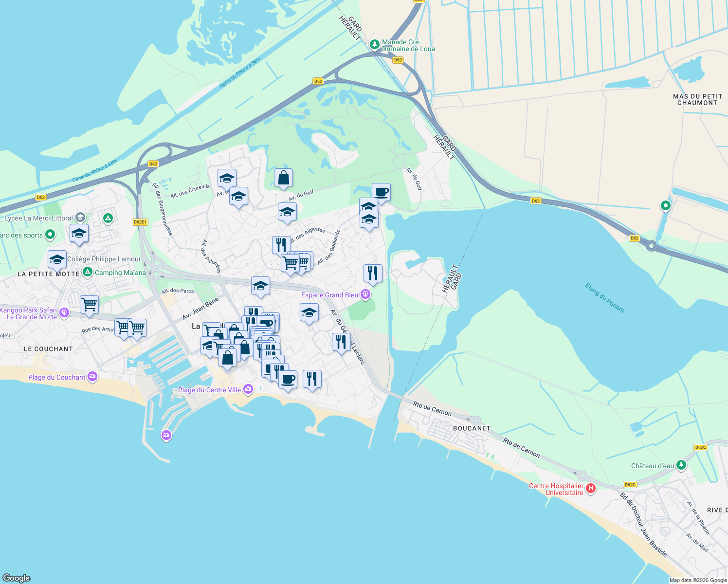 map of restaurants, bars, coffee shops, grocery stores, and more near Rue Saint-Louis in La Grande-Motte